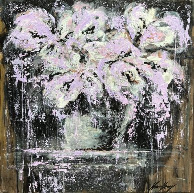 "Shimmering White Magnolias" Pink and white flowers in a textured black and brown vase.