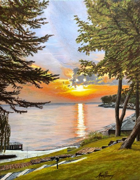 Final Painting Sunset over a calm lake with trees and a sandy shoreline.