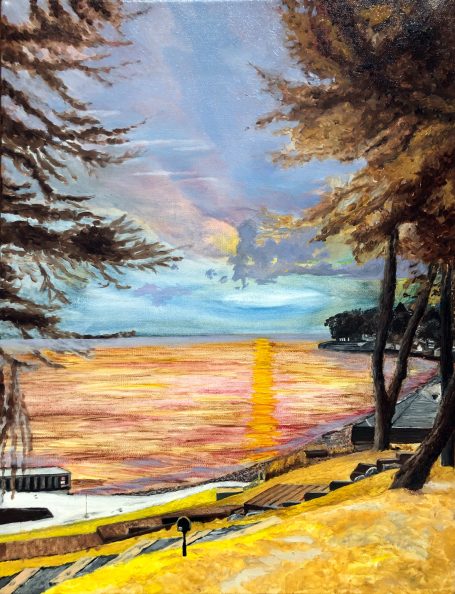 Added more details to the trees and grass A tranquil lakeside scene at sunset, with golden hues reflecting on the water.