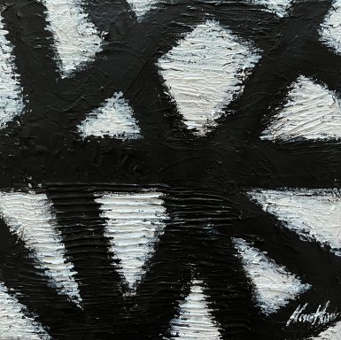 "At the Crossroads" Abstract artwork with bold black and white brushstrokes creating a dynamic pattern.