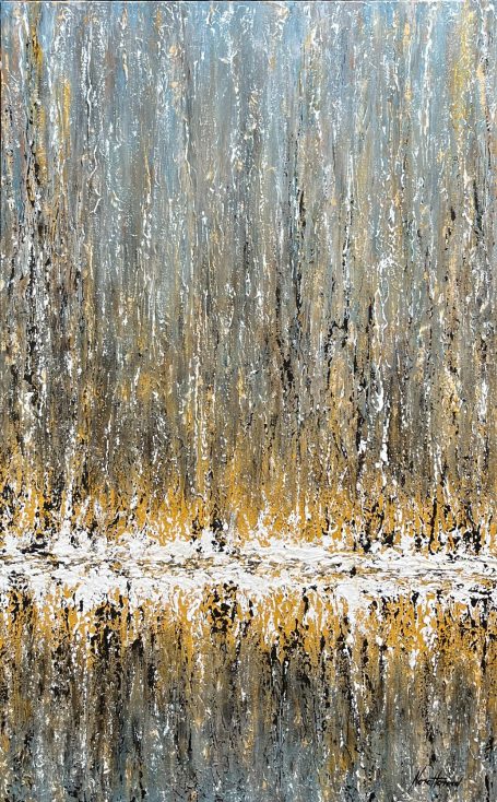 Large Commissioned Original Painting Abstract painting with vertical streaks of gold, blue, and white against a soft background.