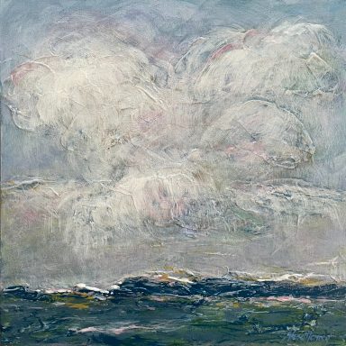 "The Breath of the Infinite" Stormy sky over a calm sea with soft, muted colors and textured brushstrokes.