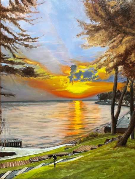 Added more details to the sunset Sunset over a tranquil lake, reflecting orange and yellow hues, surrounded by trees.