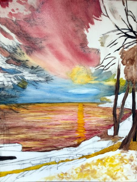 First Layer - Underpainting A vibrant sunset over a calm lake, framed by trees and a dramatic sky.