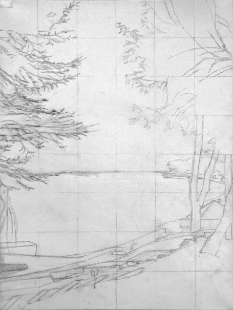 First Sketch Sketch of a serene lakeside scene with trees and a distant shoreline.